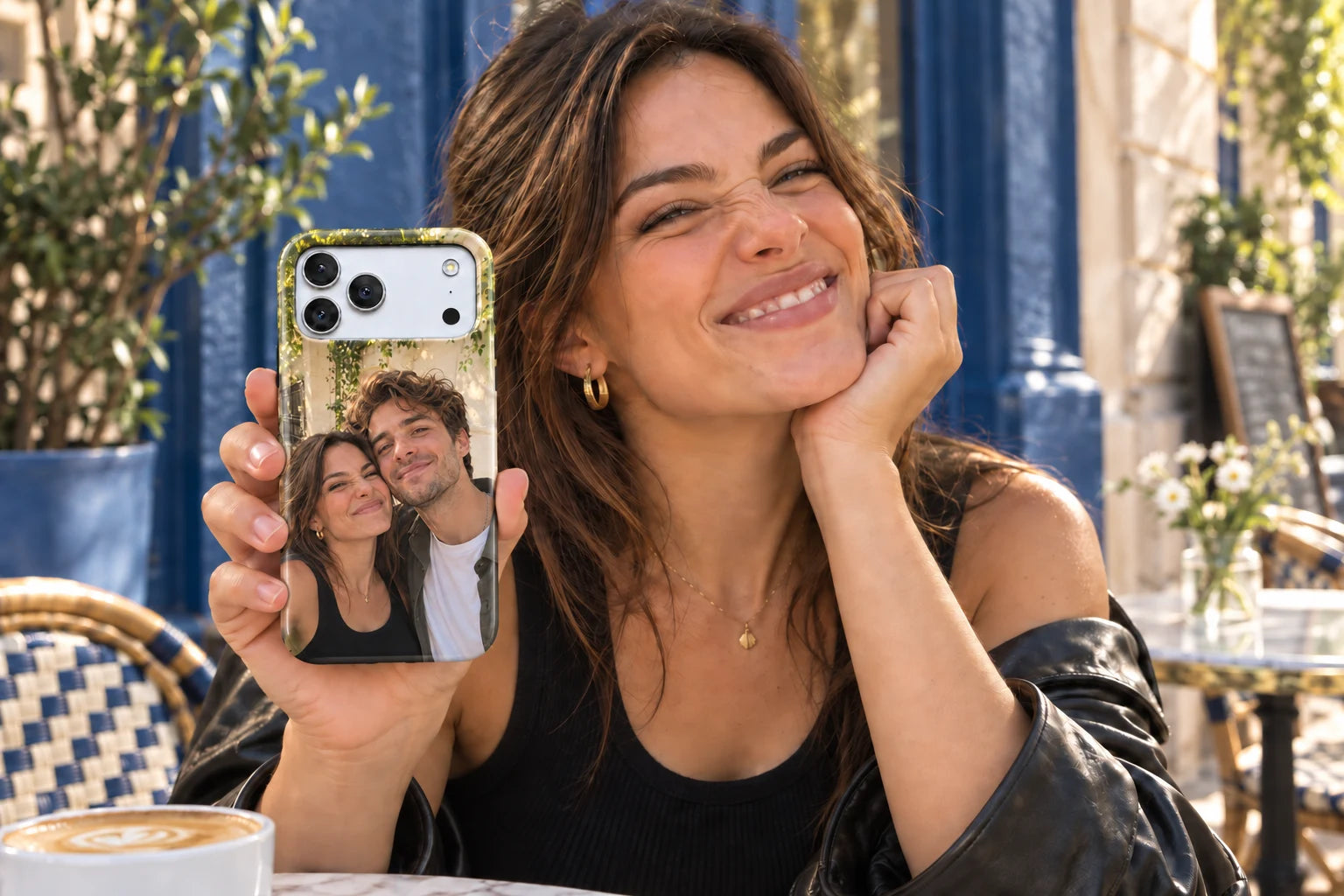 A woman holding a custom phone case printed with a favorite couple photo