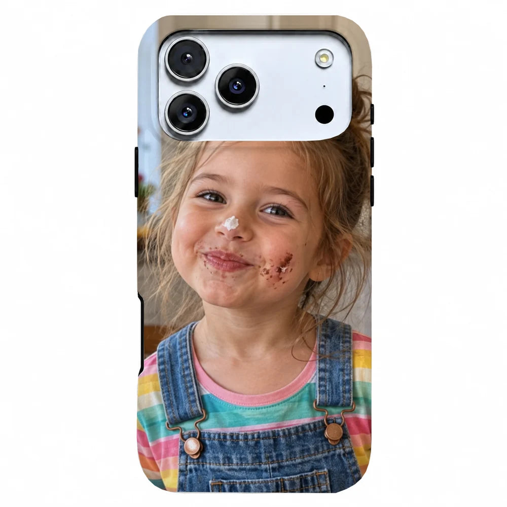 The same kid photo previewed on the actual phone case template