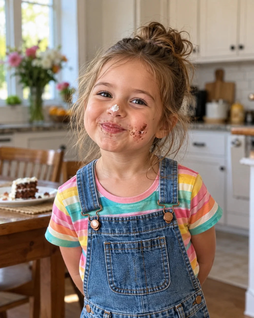 A laughing child with a little cake frosting on their face