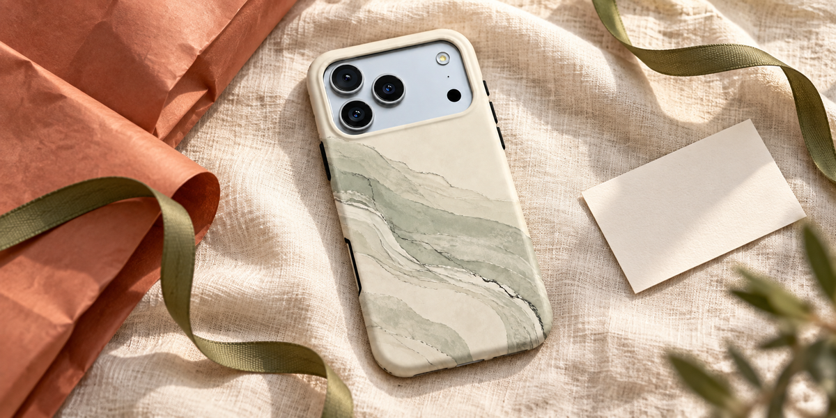Sage Drift phone case on cream linen beside terracotta wrapping paper, olive ribbon and a blank note card.