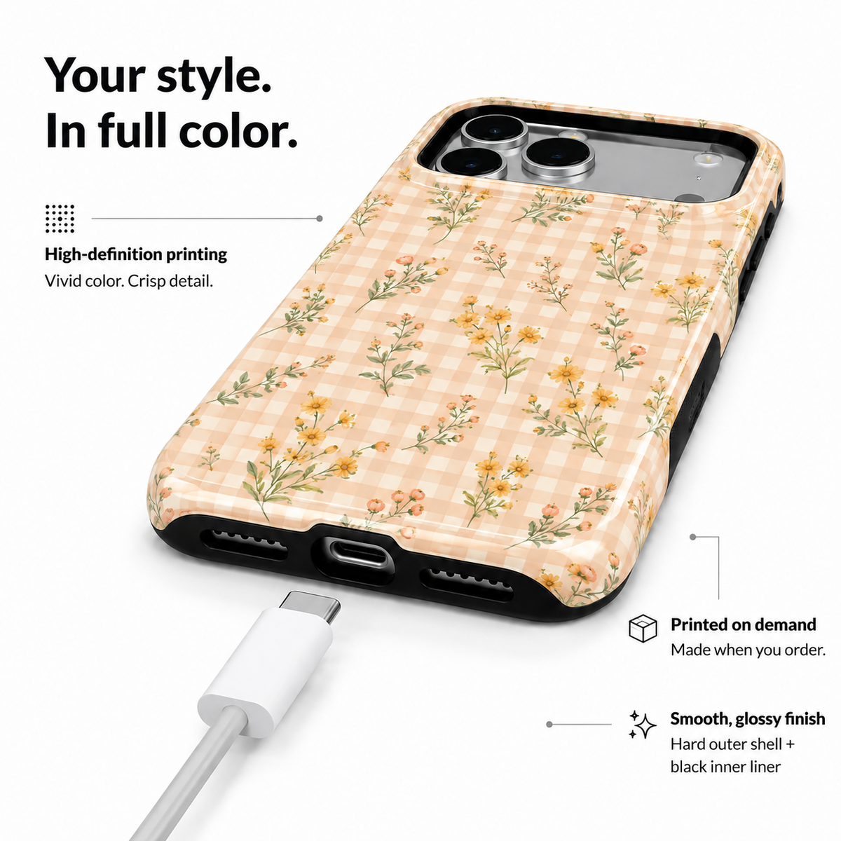 Peach Picnic | Gingham Floral Phone Case