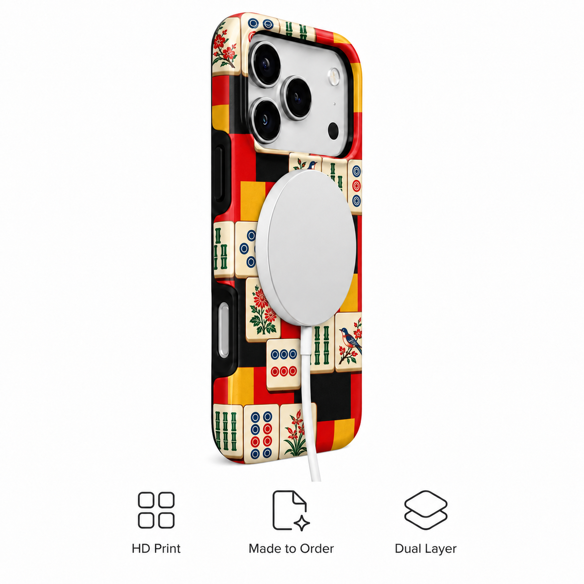 Red yellow and black mahjong tile phone case, view 4