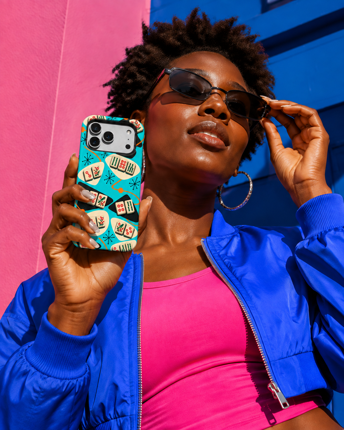 Turquoise scattered mahjong tile phone case, view 4
