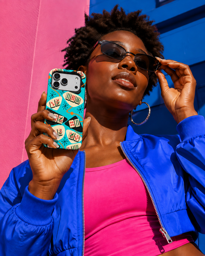 Turquoise scattered mahjong tile phone case, view 4