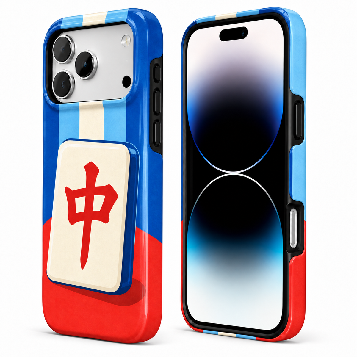 Blue and red dragon mahjong phone case, view 3