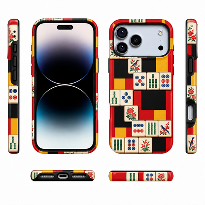 Red yellow and black mahjong tile phone case, view 2