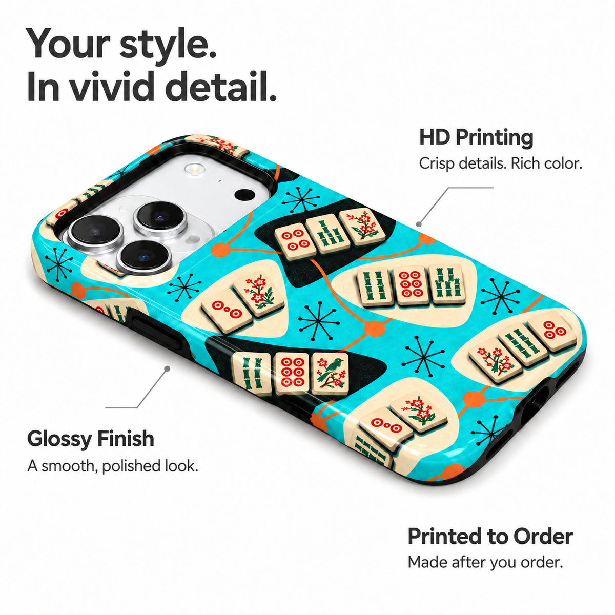 Turquoise scattered mahjong tile phone case, view 5