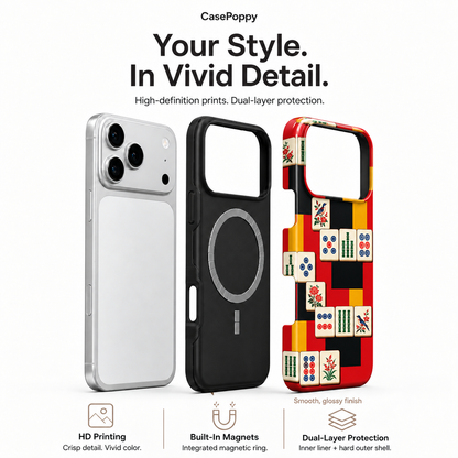 Red yellow and black mahjong tile phone case, view 5