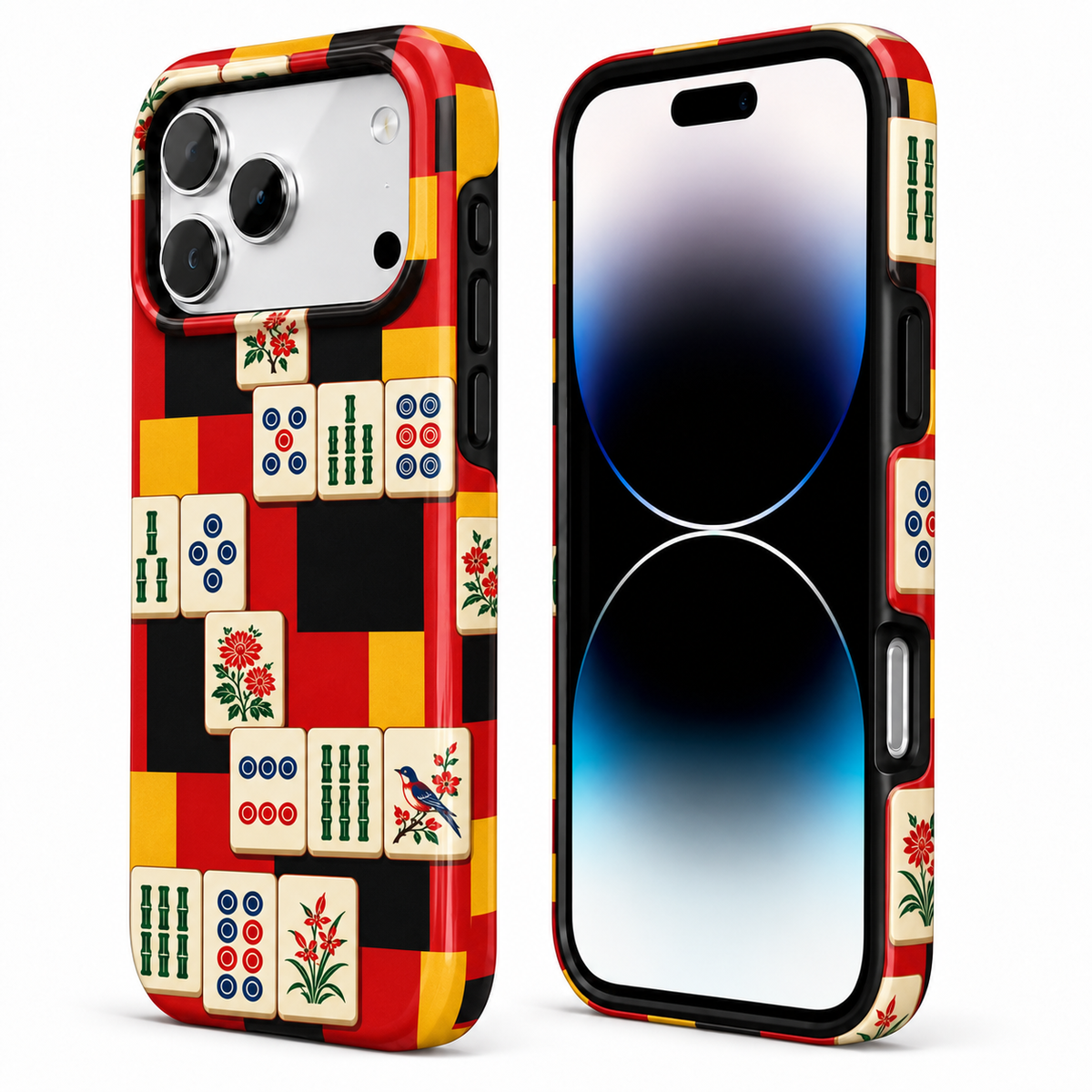Red yellow and black mahjong tile phone case, view 3