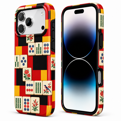 Red yellow and black mahjong tile phone case, view 3