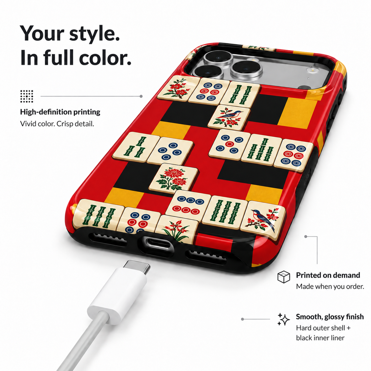 Red yellow and black mahjong tile phone case, view 6