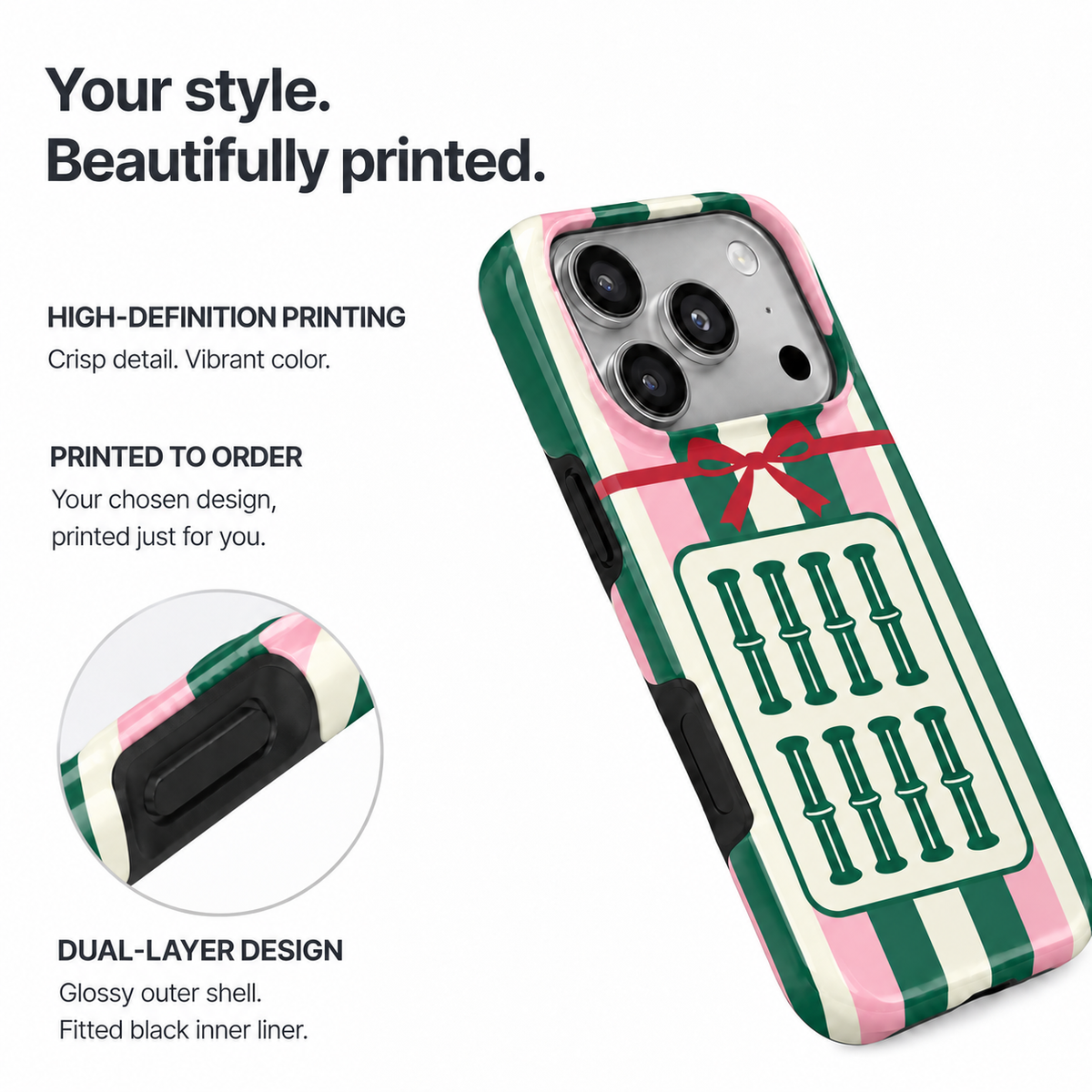 Ribbon Bamboo | Green & Pink Mahjong Phone Case — view 2