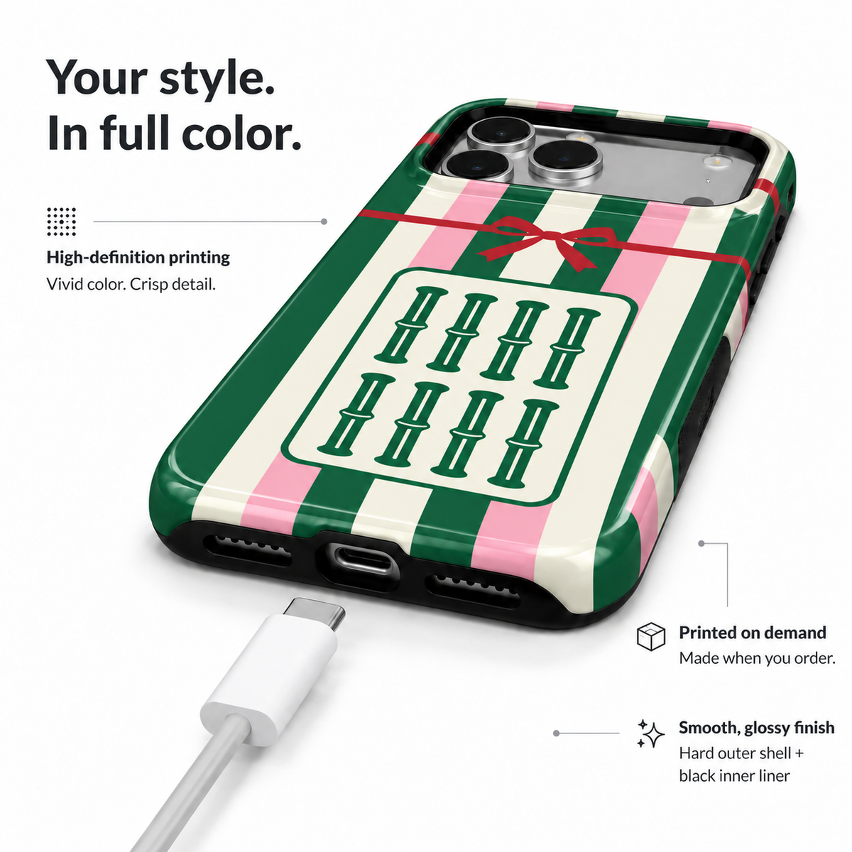 Ribbon Bamboo | Green & Pink Mahjong Phone Case — view 3