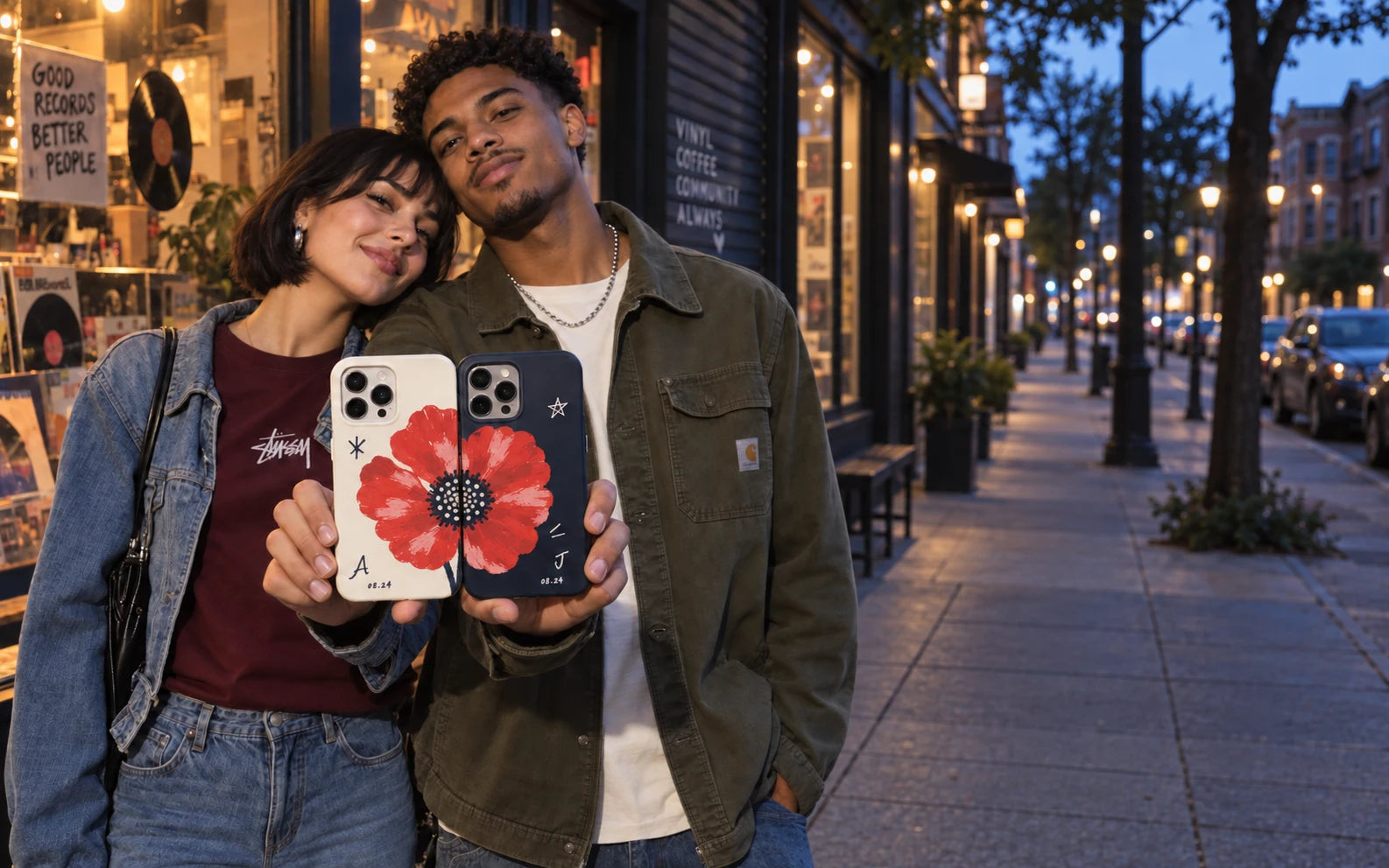 A young couple holding two custom phone cases together to complete one shared illustration.