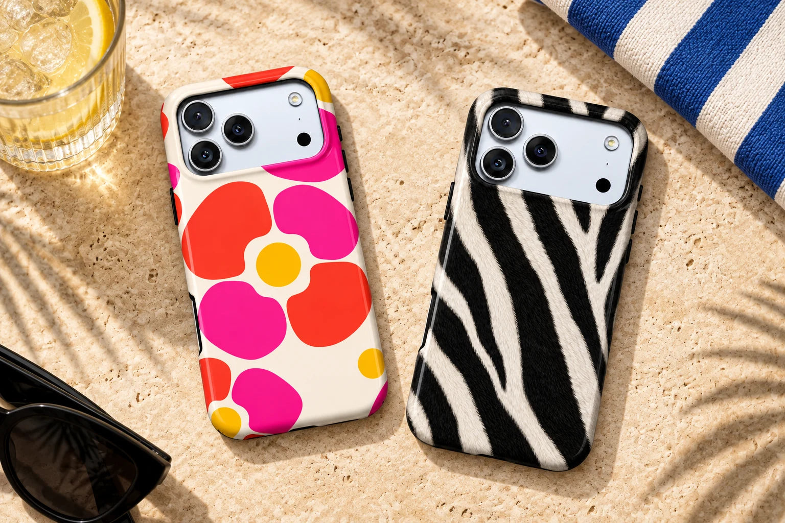 Poppy Burst floral and Wild Current zebra phone cases styled on a sunlit stone table