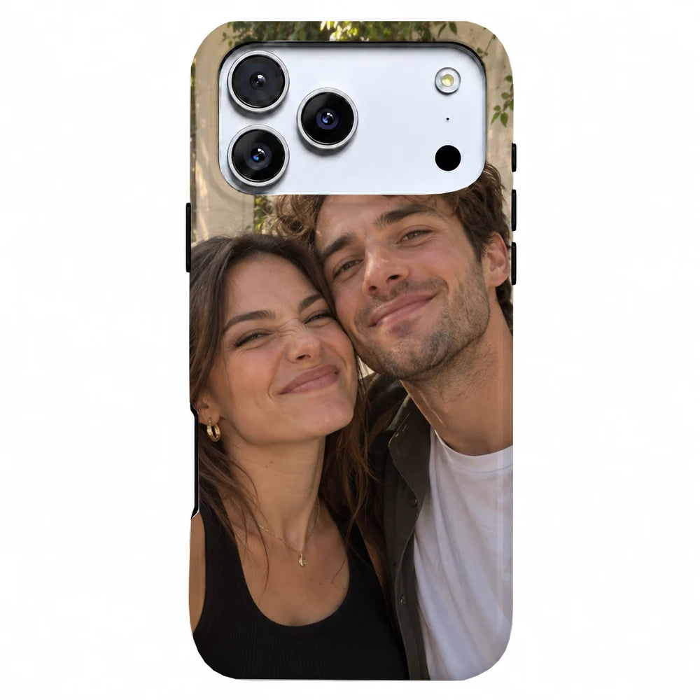 The same couple photo previewed on the actual phone case template