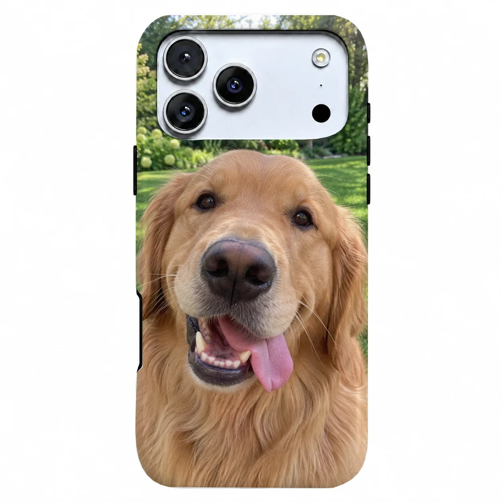 The same pet photo previewed on the actual phone case template