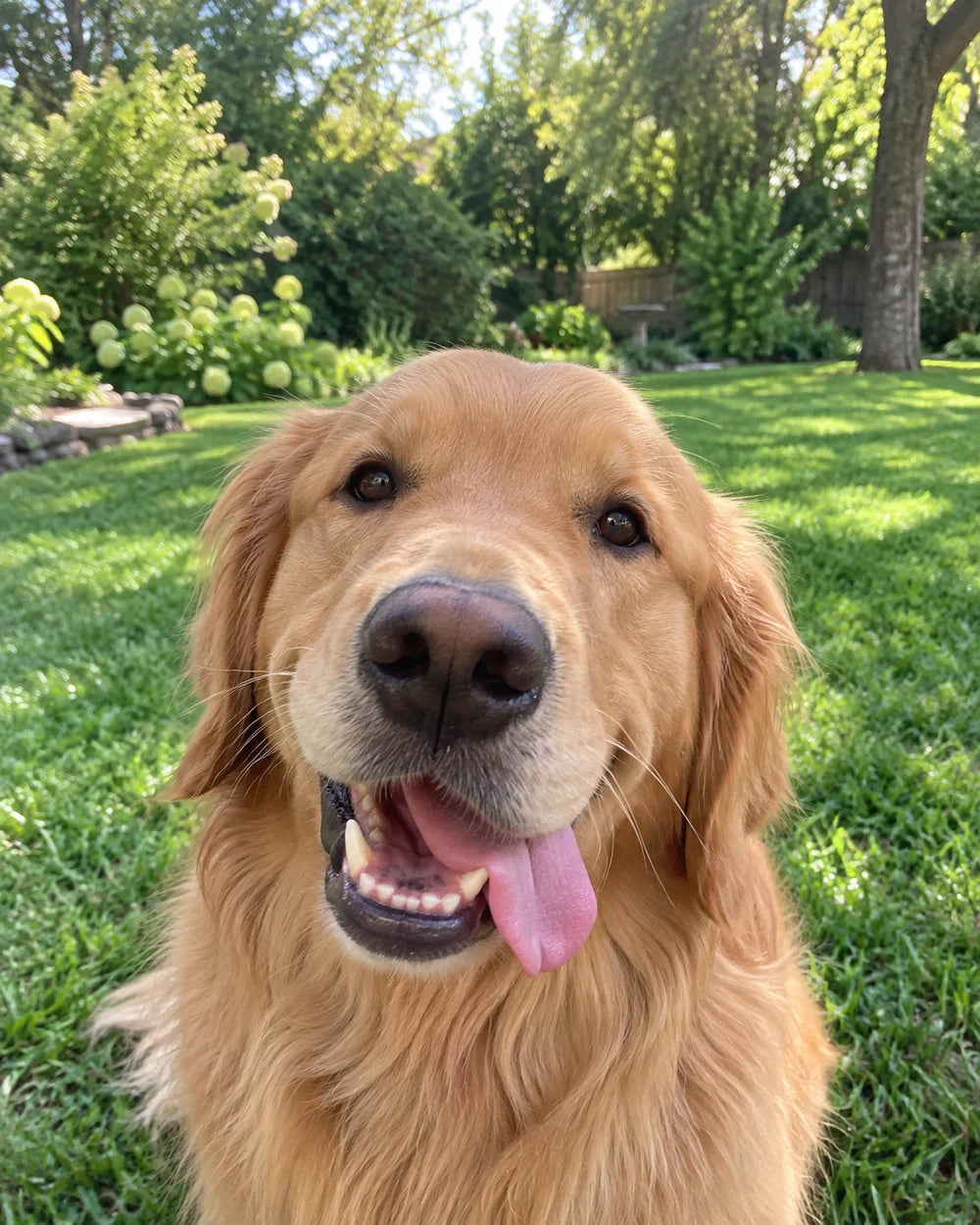 A funny close-up photo of a dog with a playful expression