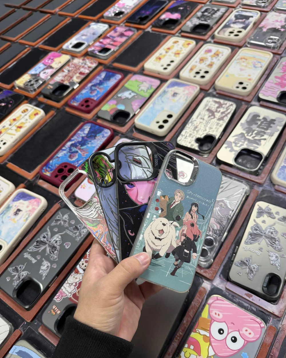 A hand holding printed phone cases above rows of patterned case samples.
