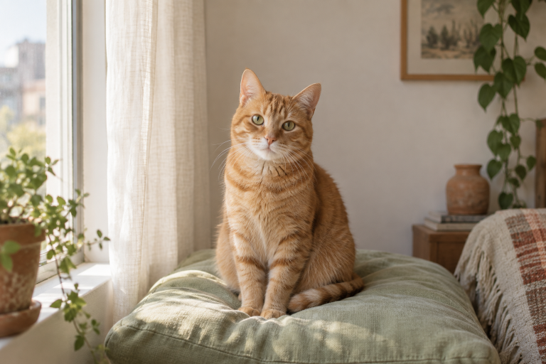 Orange tabby cat on a sage cushion with space above its ears and on both sides